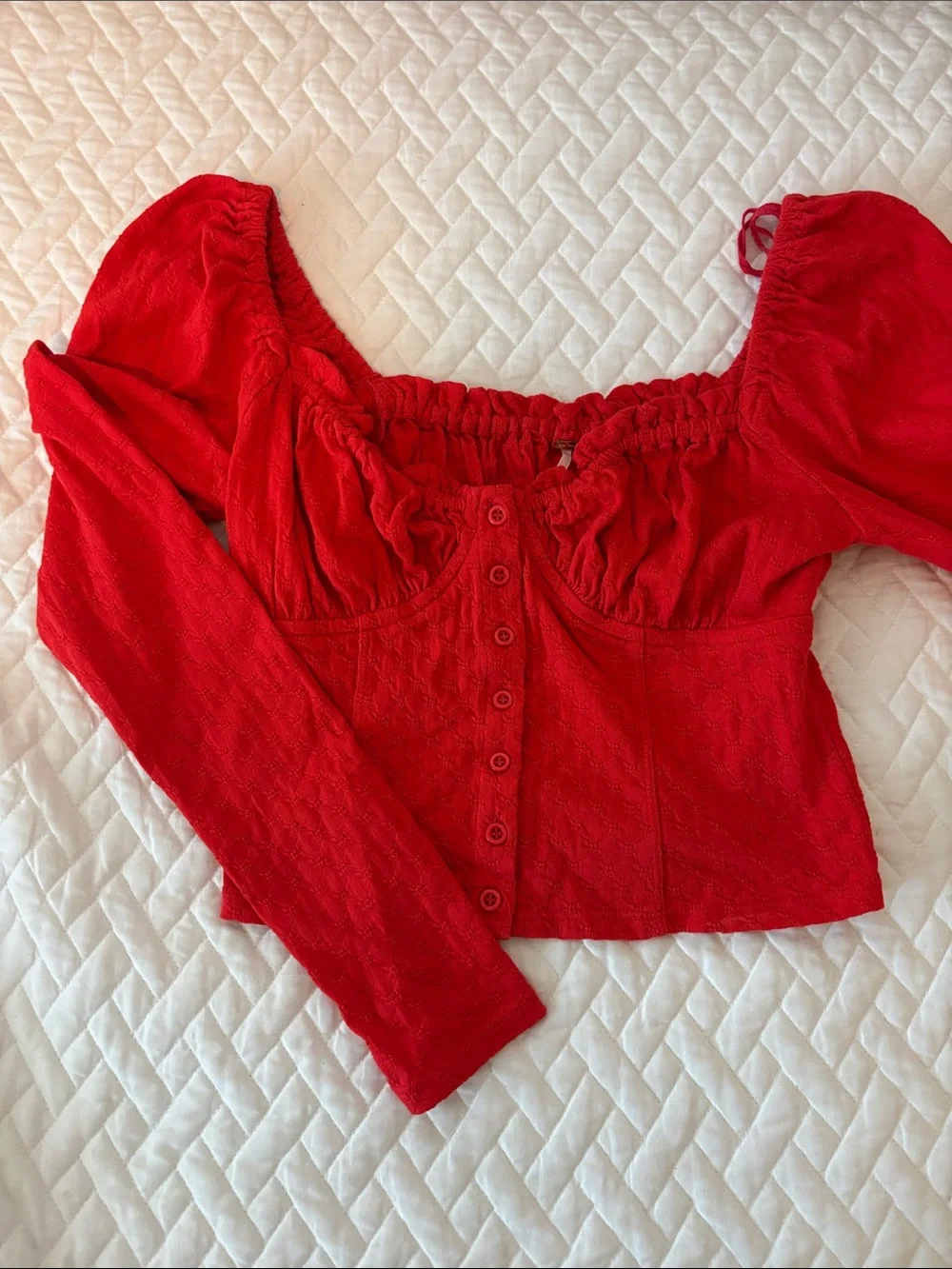 Free People Red Puff-Sleeve Button-Front Top